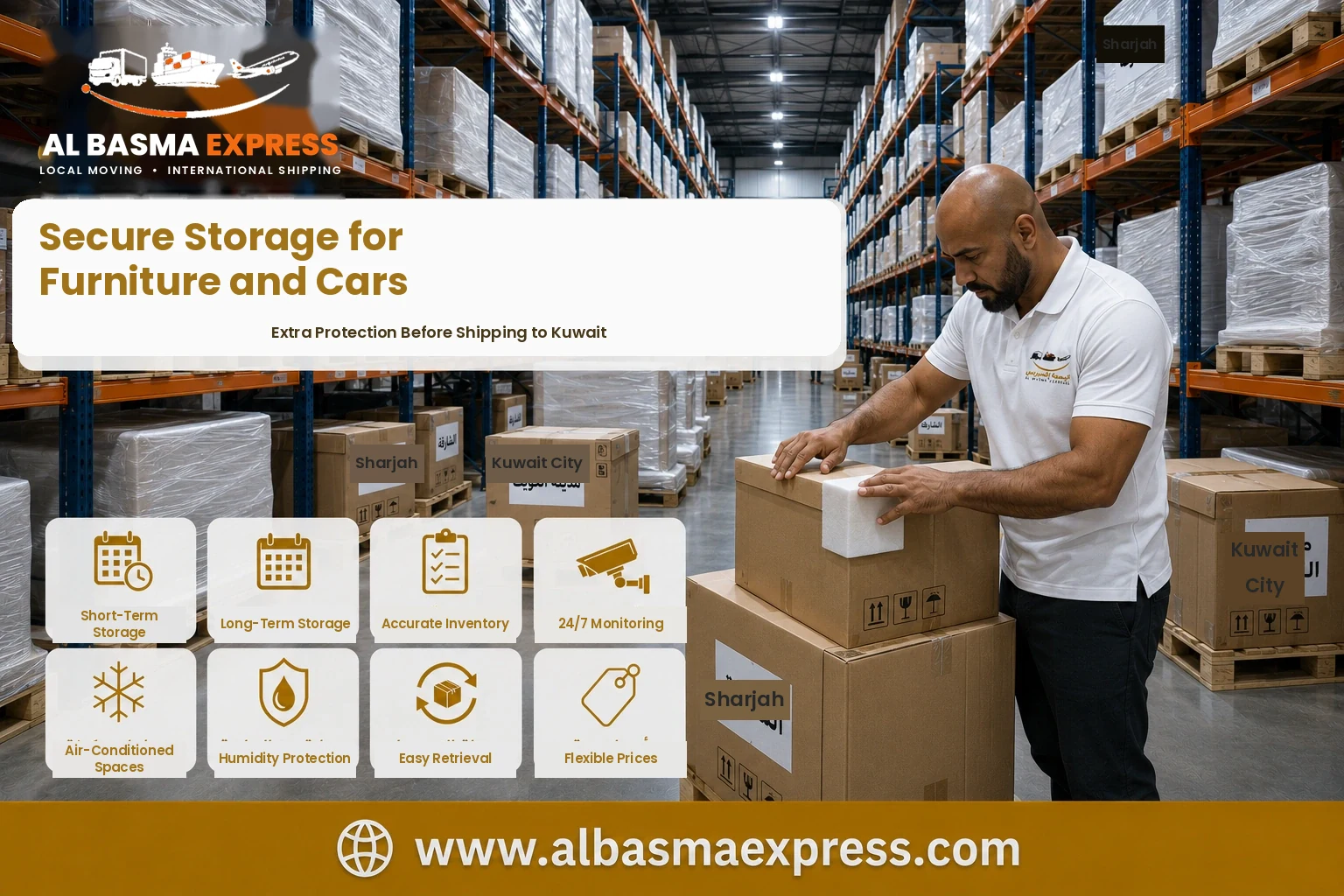 Boxes stored in a warehouse before shipping from Sharjah to Kuwait