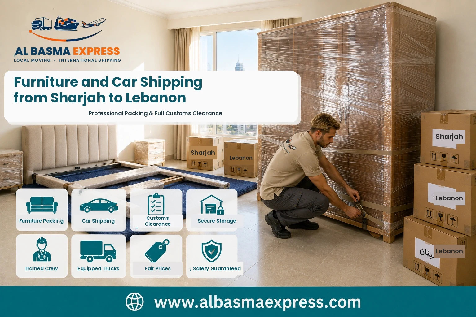 Wardrobe being wrapped in Sharjah for shipping to Lebanon