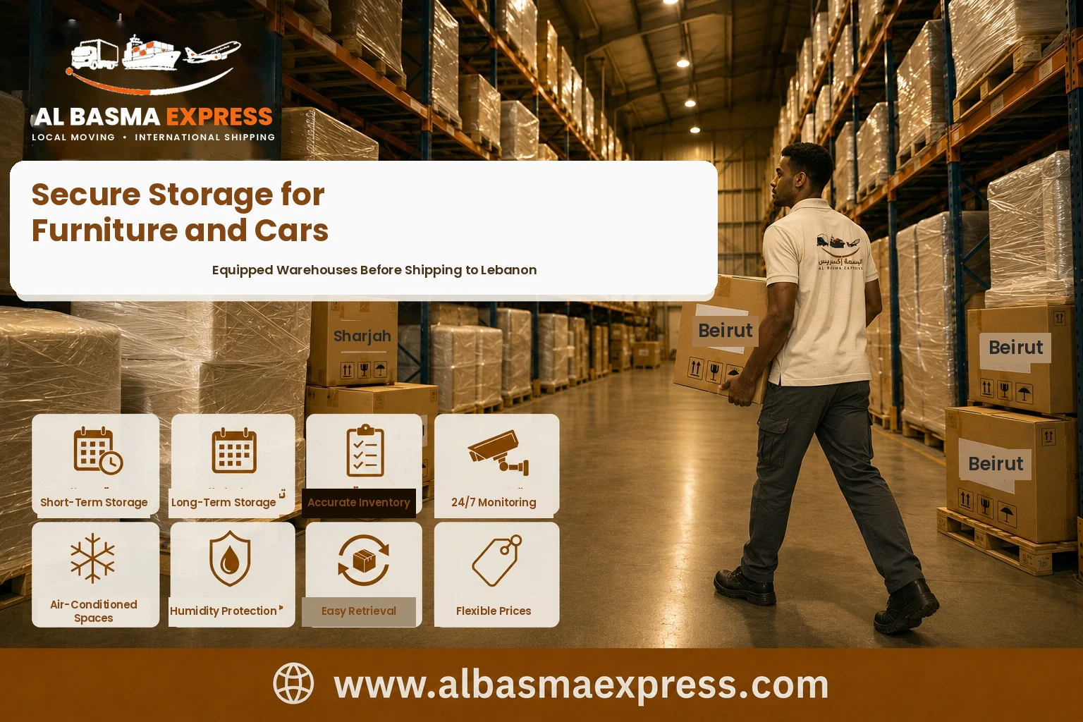 Boxes stored in an equipped warehouse before shipping from Sharjah to Lebanon