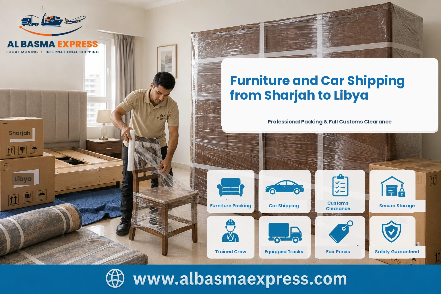 Furniture being wrapped in Sharjah for shipping to Libya