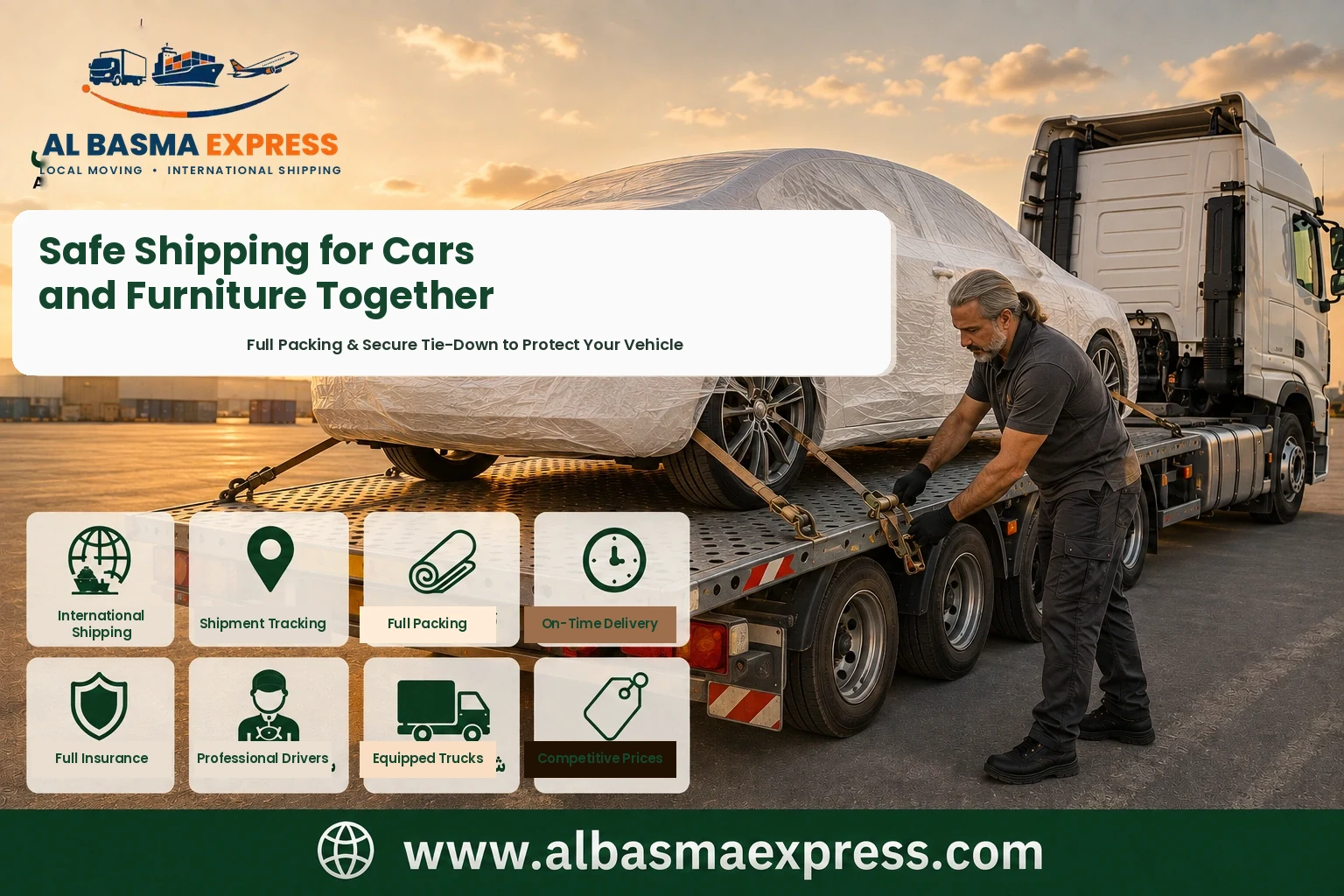 Covered car being secured on a flatbed for shipping from Sharjah to Libya