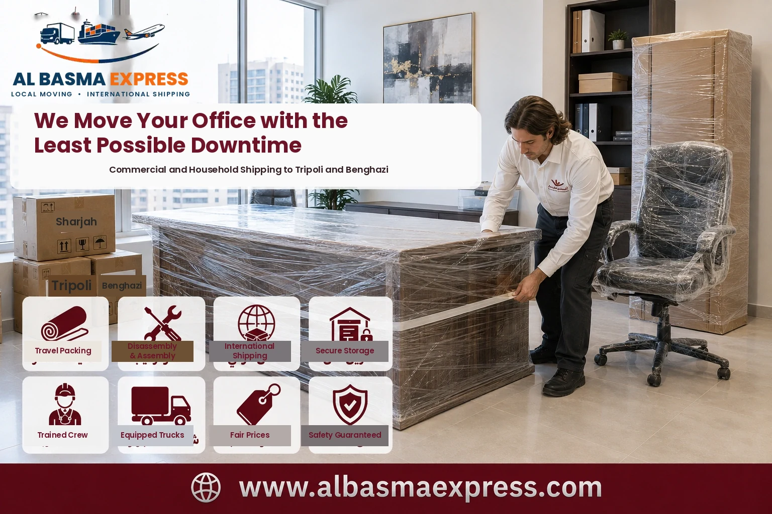 Office desk being wrapped in Sharjah for shipping to Libya