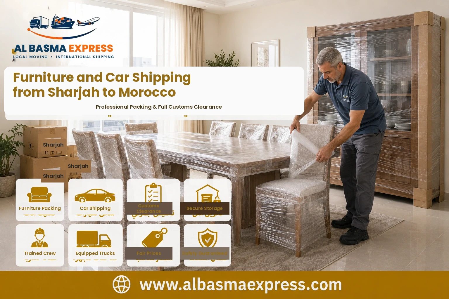Dining furniture being wrapped in Sharjah for shipping to Morocco