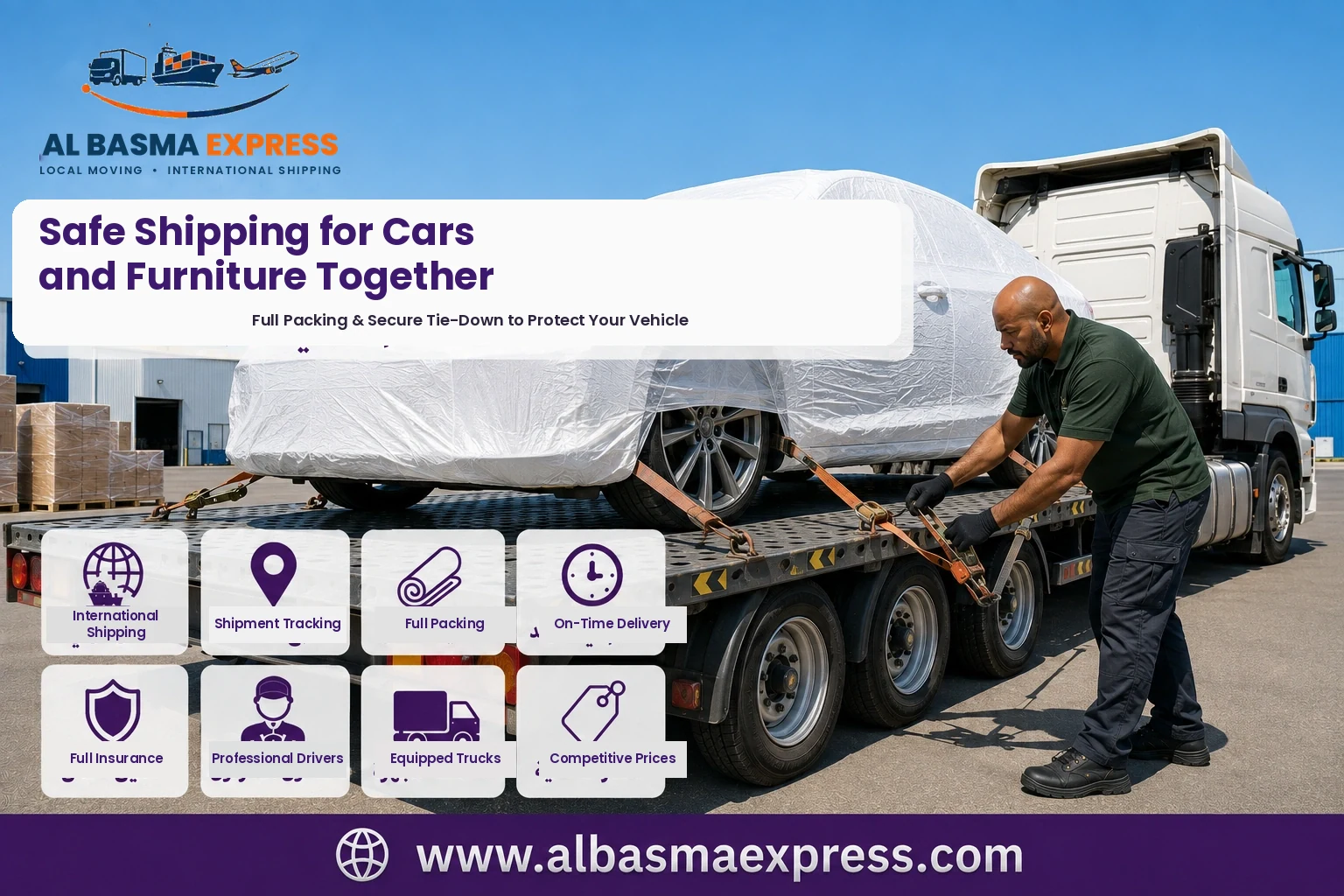 Covered car being secured on a flatbed for shipping from Sharjah to Morocco