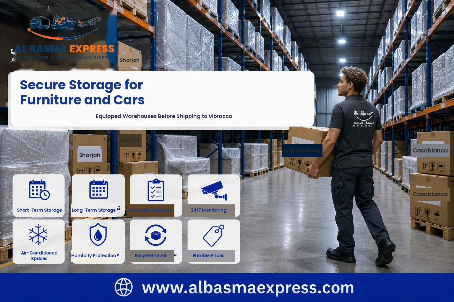 Boxes stored in an equipped warehouse before shipping from Sharjah to Morocco