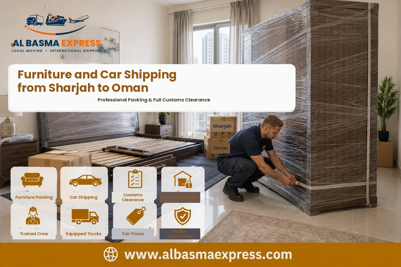 Bedroom furniture being wrapped in Sharjah for shipping to Oman