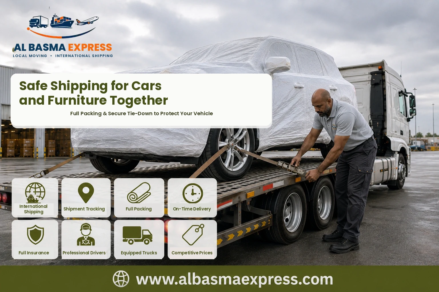 Covered car secured on a flatbed for shipping from Sharjah to Oman