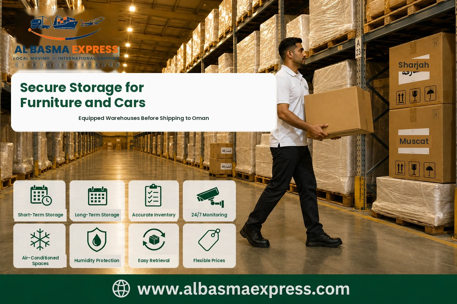 Boxes stored in an equipped warehouse before shipping from Sharjah to Oman