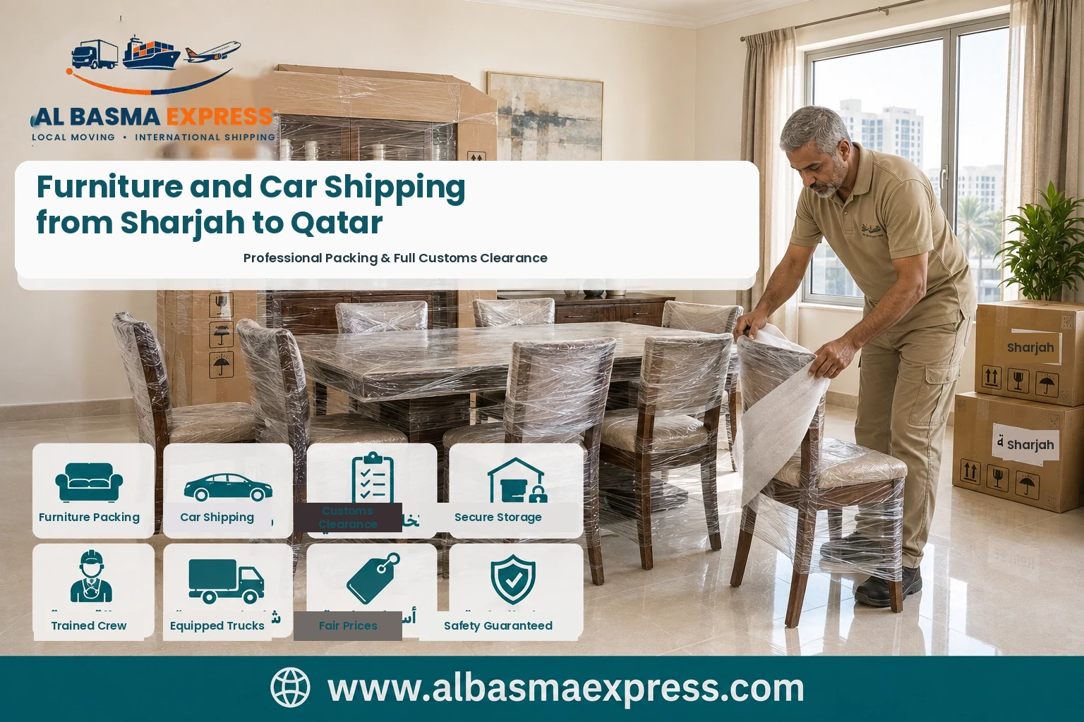 Dining furniture being wrapped in Sharjah for shipping to Qatar