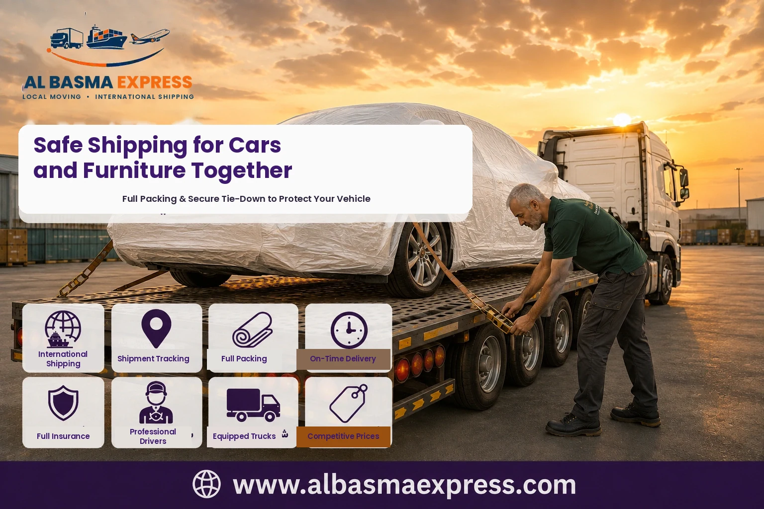 Covered car being secured on a flatbed for shipping from Sharjah to Qatar