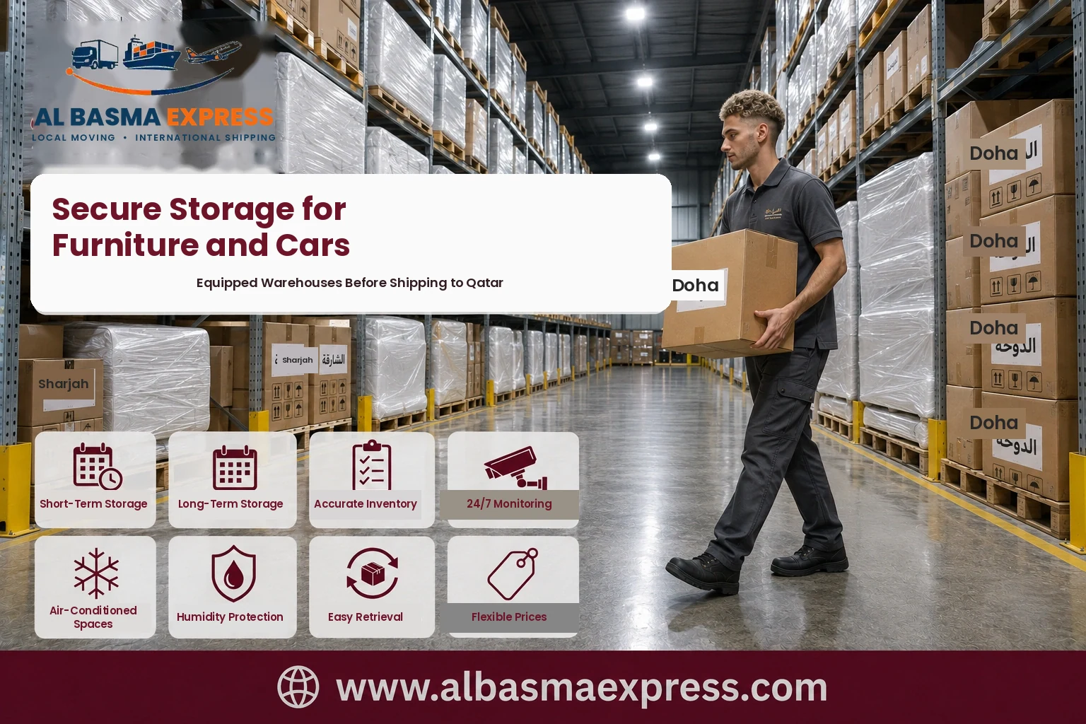 Boxes stored in an equipped warehouse before shipping from Sharjah to Qatar