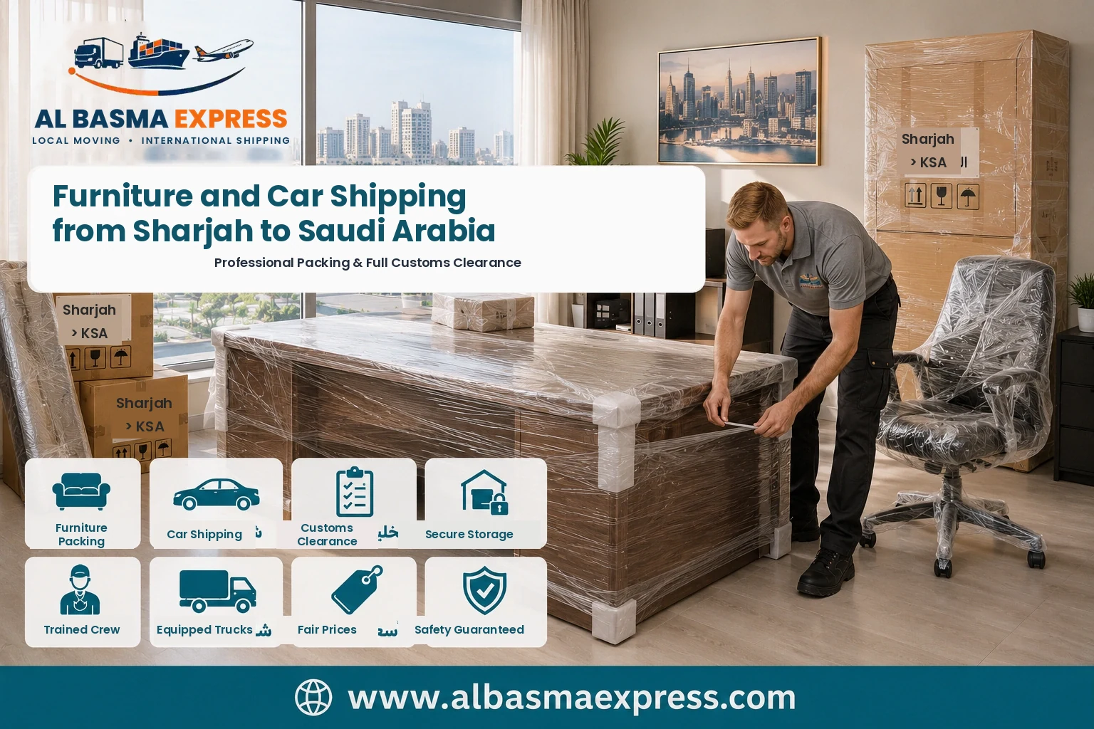 Office desk being wrapped in Sharjah for shipping to Saudi Arabia