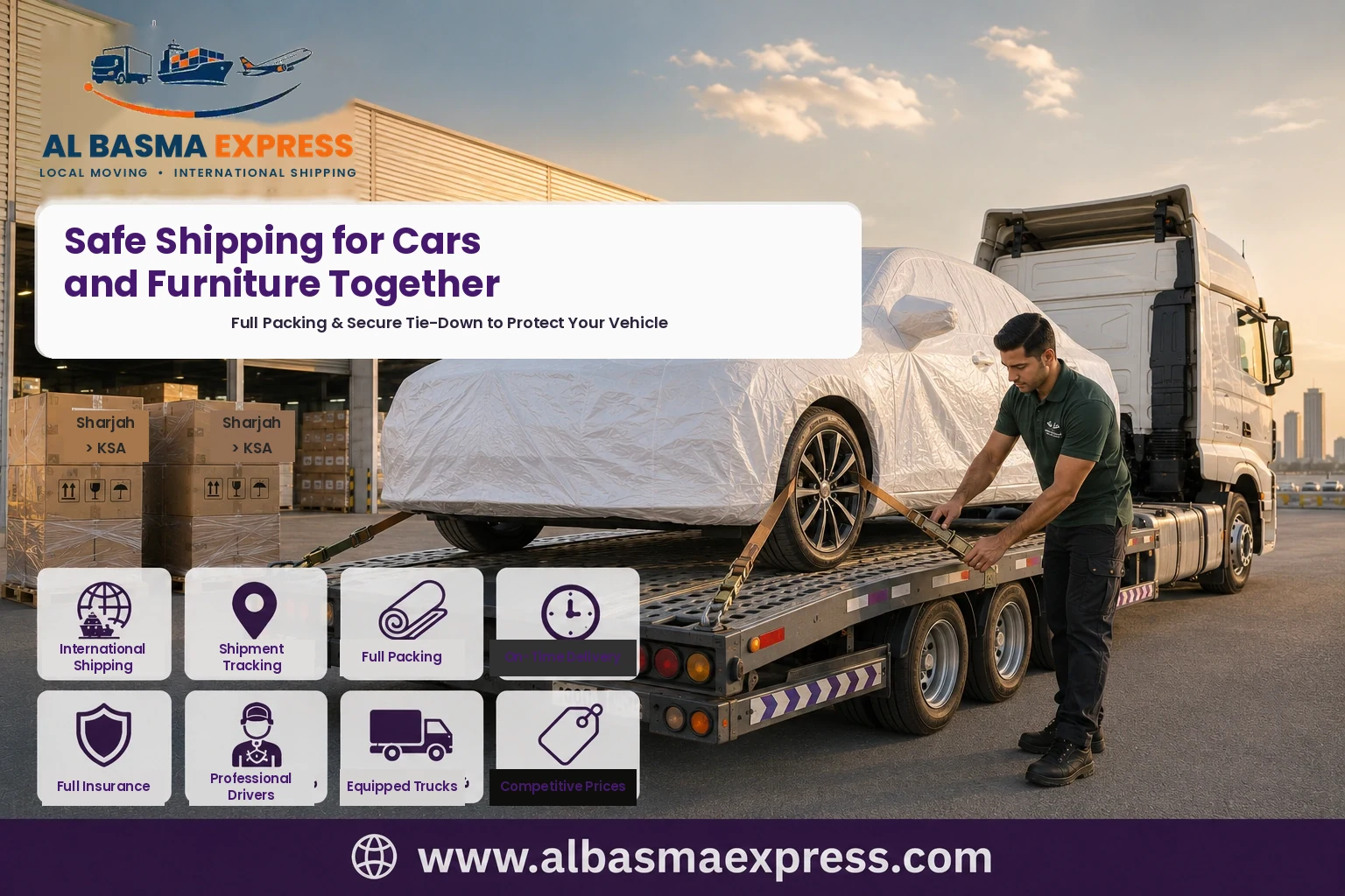 Covered car secured on a flatbed for shipping from Sharjah to Saudi Arabia