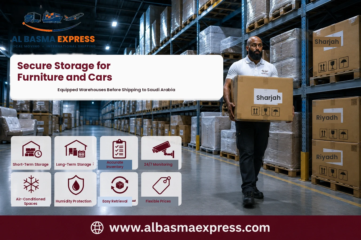 Boxes stored in an equipped warehouse before shipping from Sharjah to Saudi Arabia