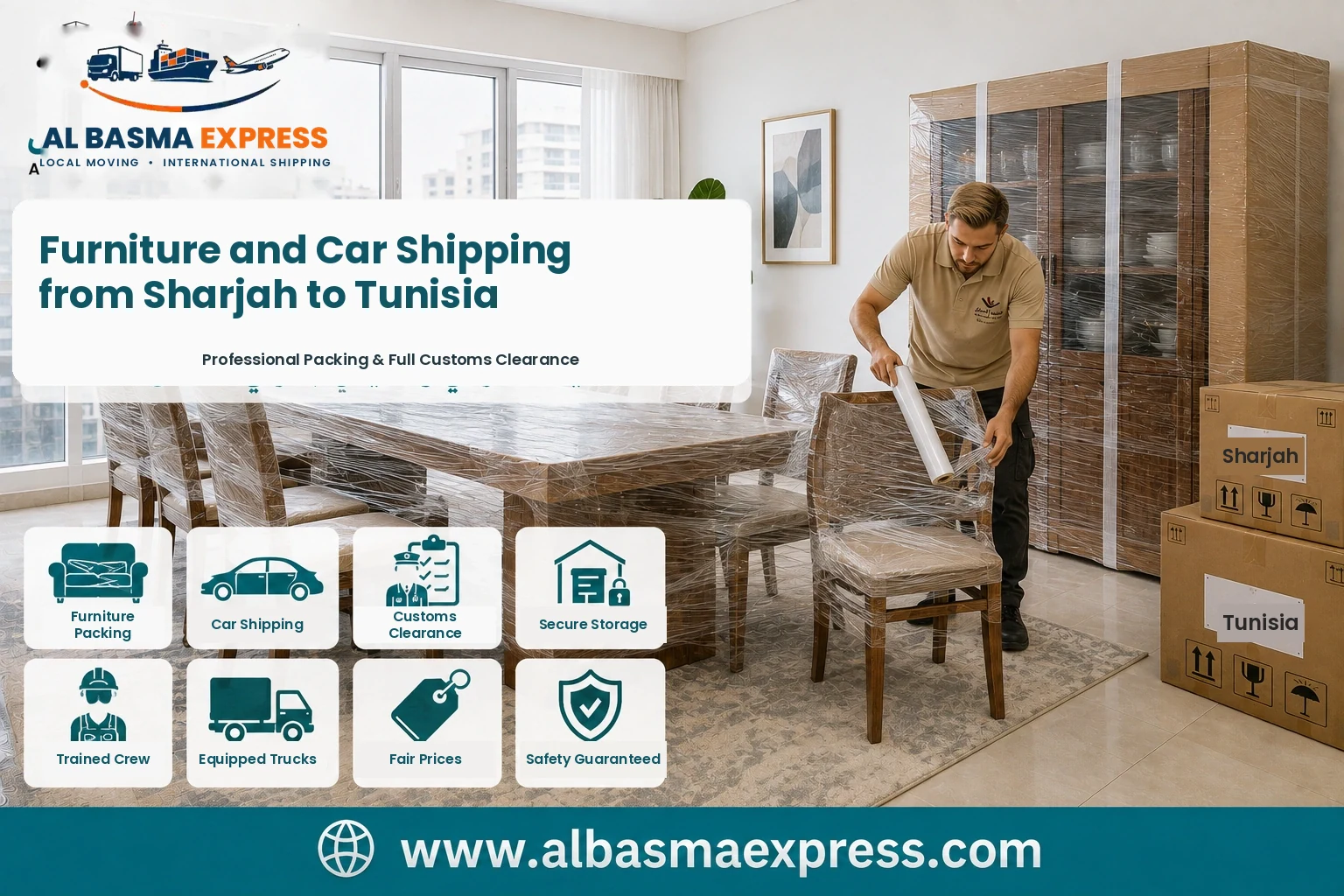 Dining furniture being wrapped in Sharjah for shipping to Tunisia