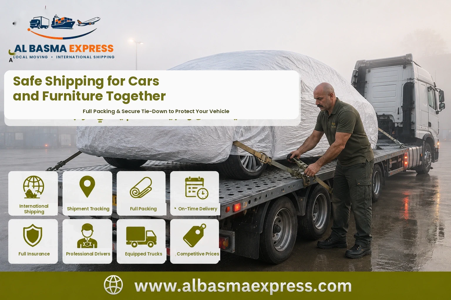 Covered car being secured on a flatbed for shipping from Sharjah to Tunisia