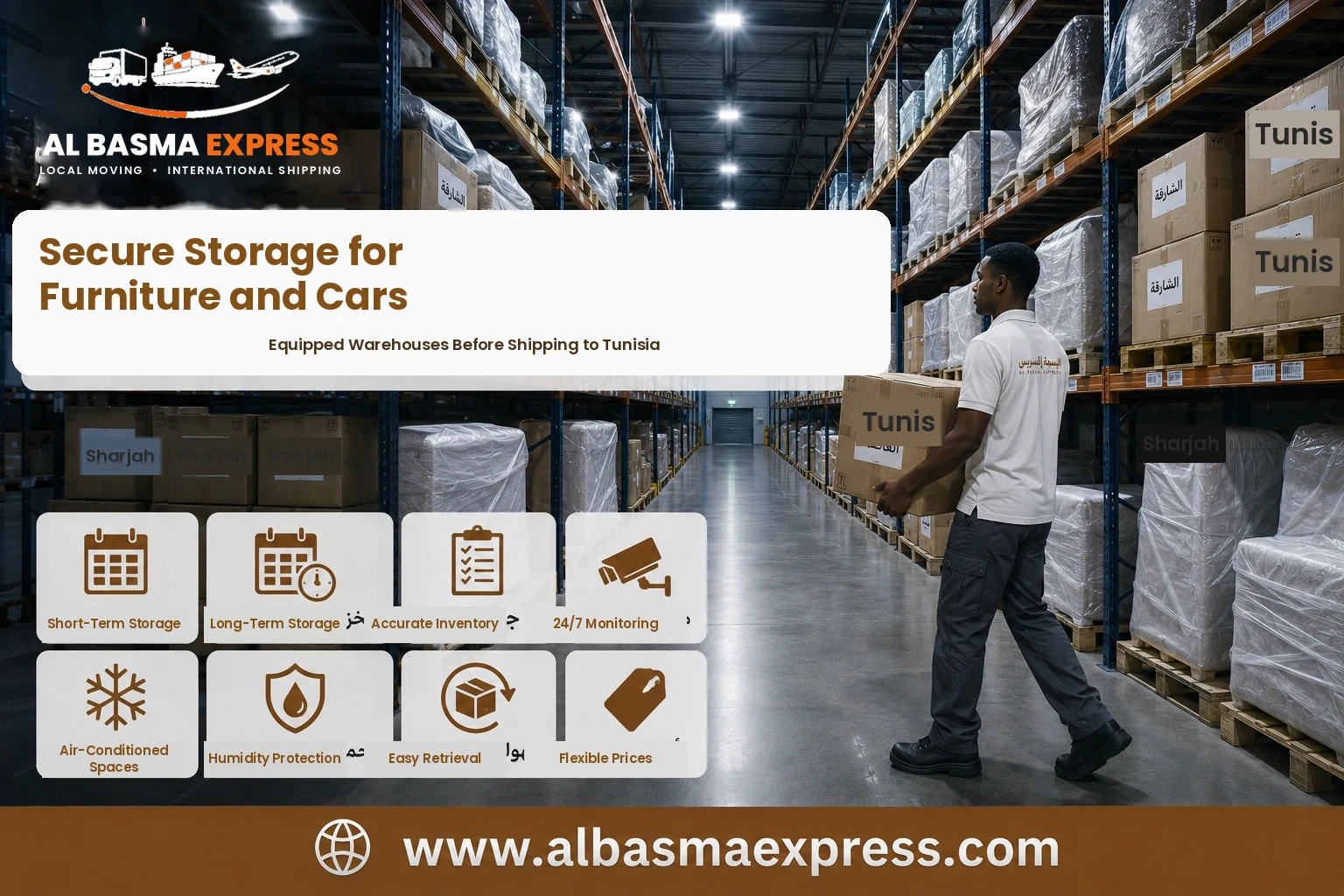 Boxes stored in an equipped warehouse before shipping from Sharjah to Tunisia