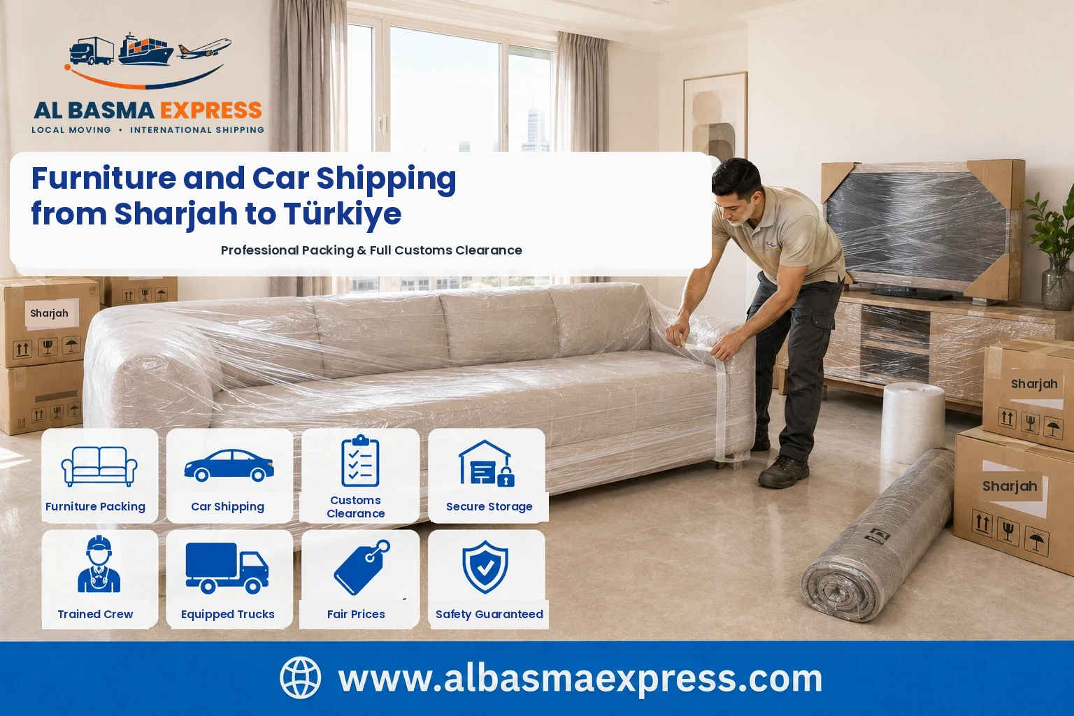 Sofa being wrapped in Sharjah for shipping to Türkiye
