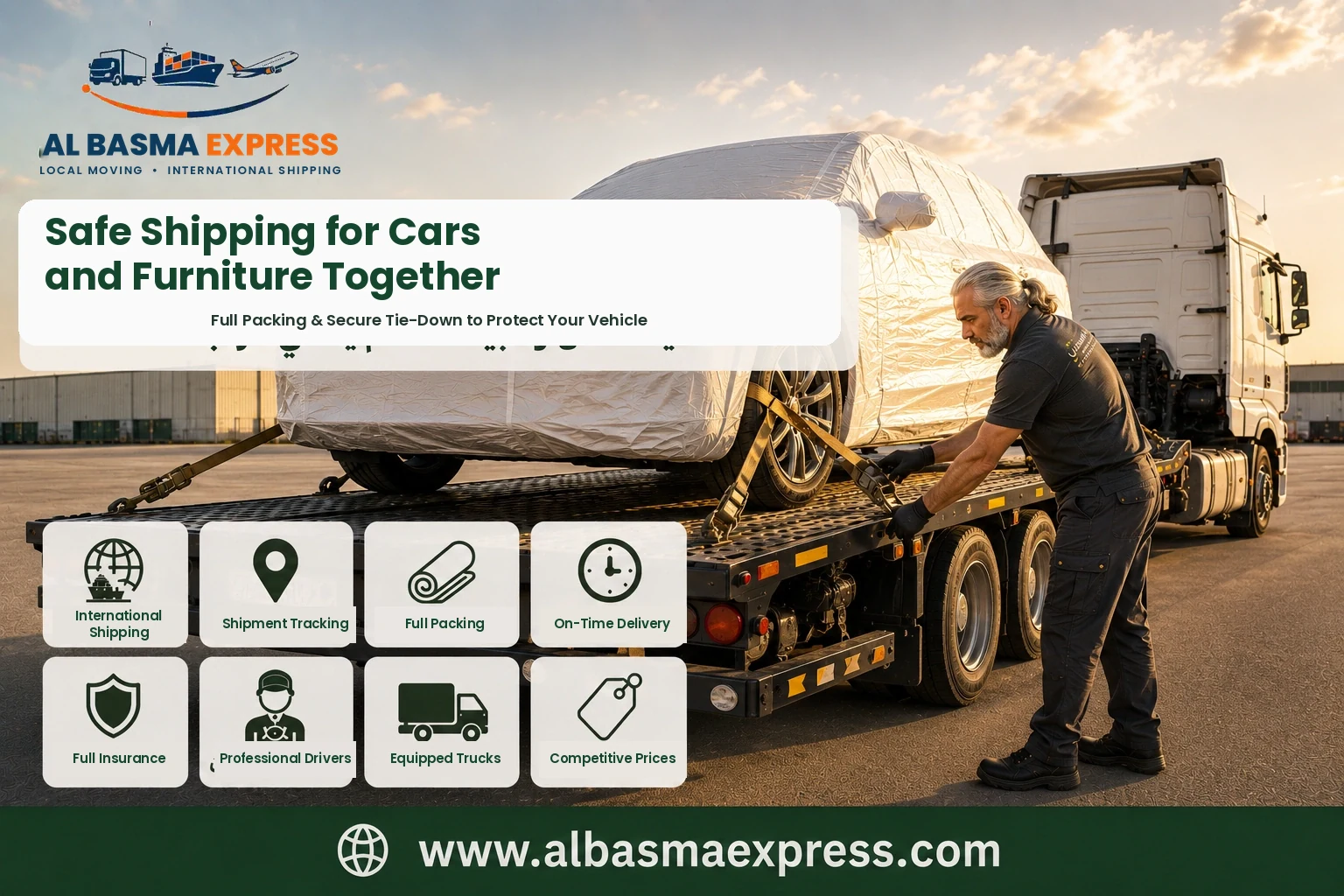 Covered car being secured on a flatbed for shipping from Sharjah to Türkiye