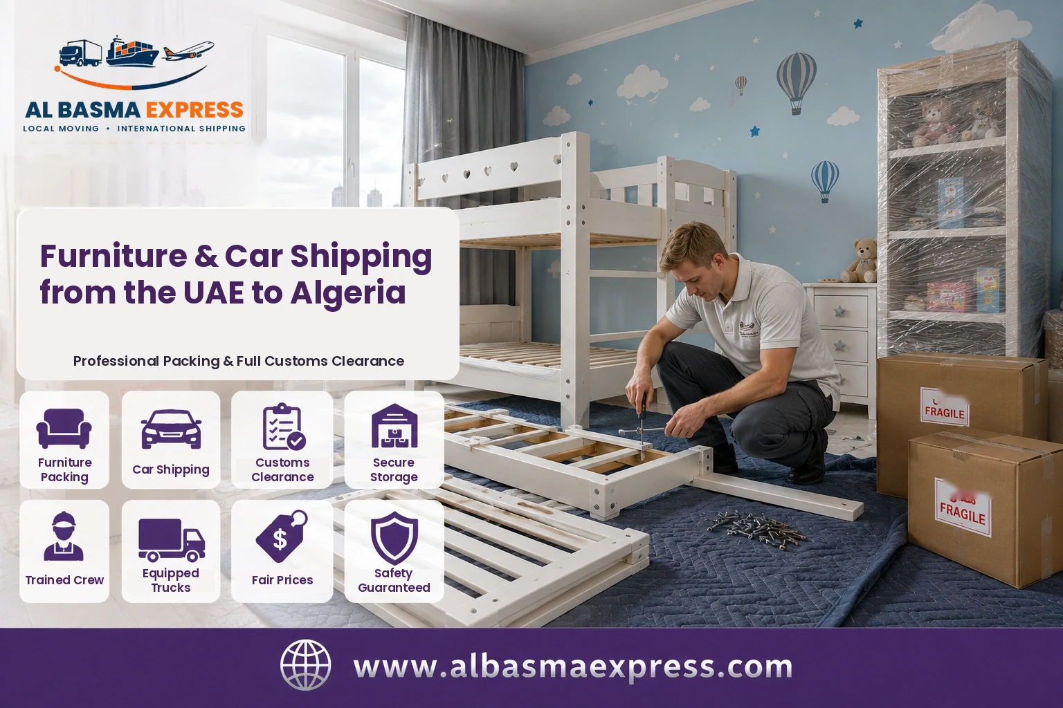 Bunk bed being dismantled for furniture shipping from the UAE to Algeria