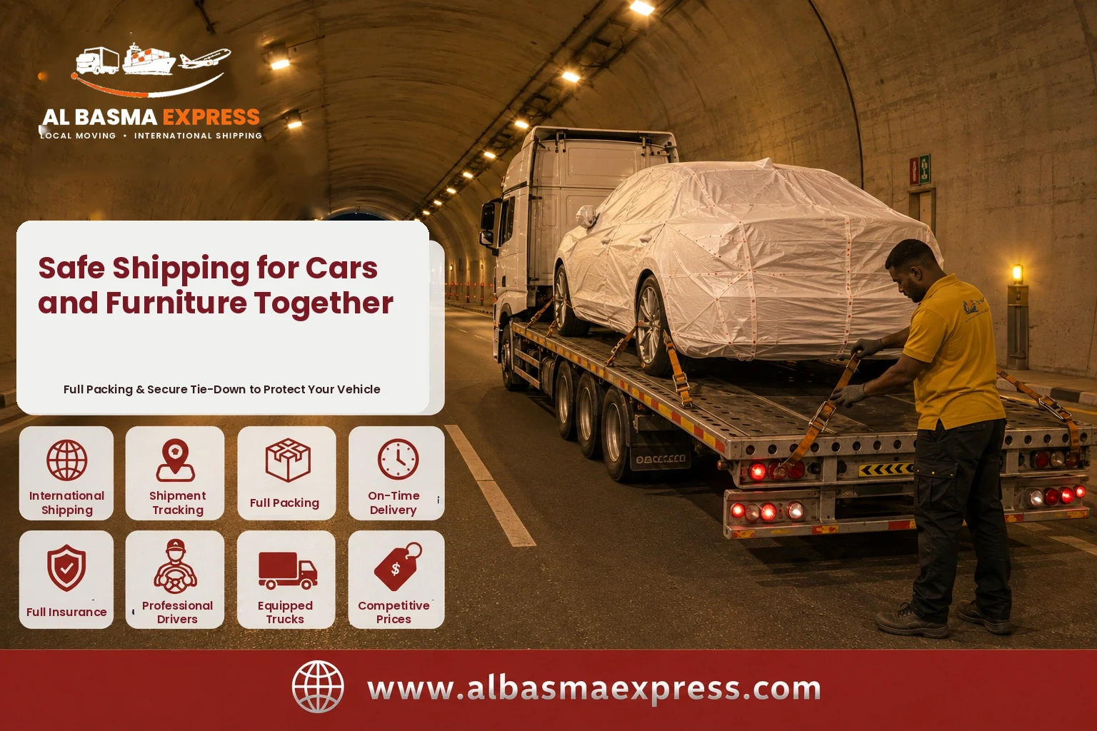 Covered car strapped onto a transporter in a tunnel on the way from the UAE to Algeria
