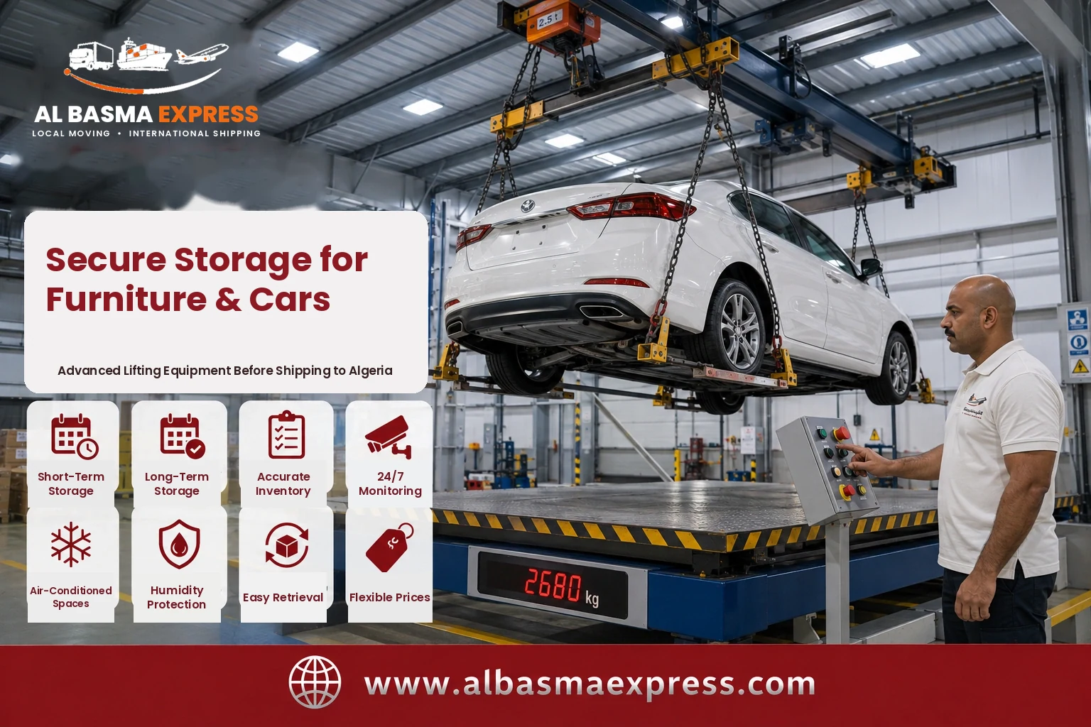 Car lifted by overhead crane in storage before shipping from the UAE to Algeria