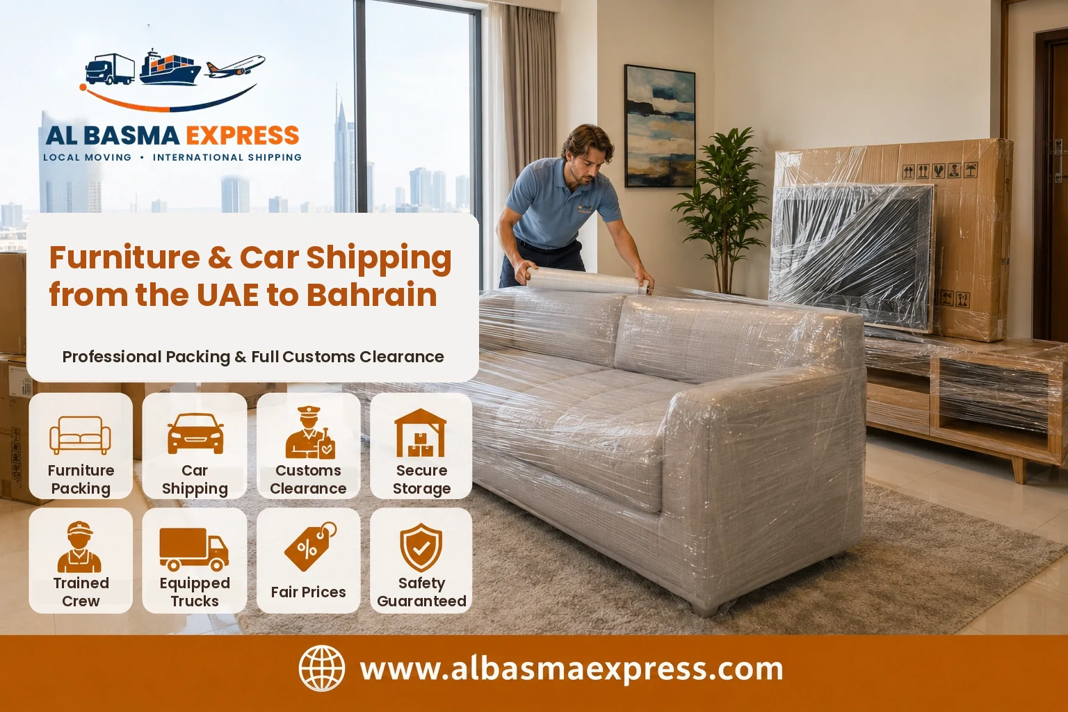Sofa being wrapped for furniture shipping from the UAE to Bahrain