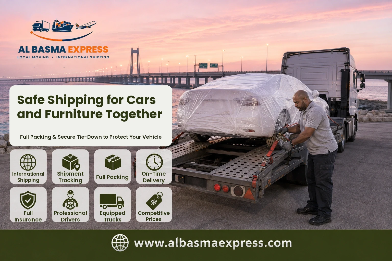 Car being secured on a transporter near the King Fahd Causeway to Bahrain