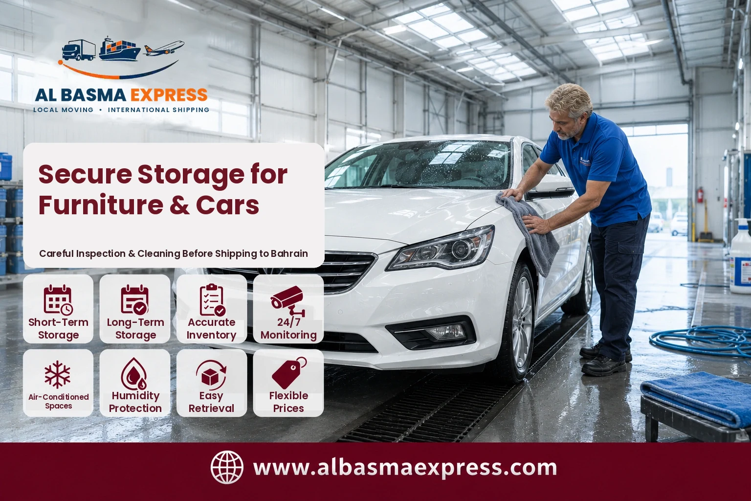Car being cleaned and inspected in storage before shipping from the UAE to Bahrain