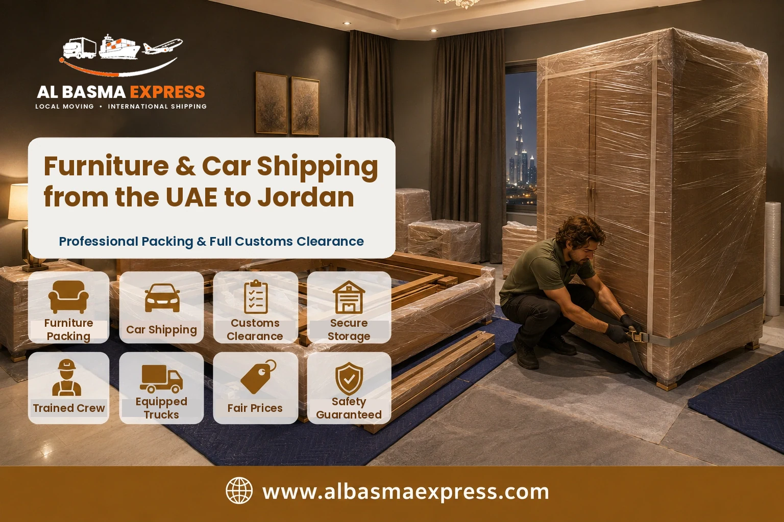 Wardrobe being wrapped and strapped for furniture shipping from the UAE to Jordan