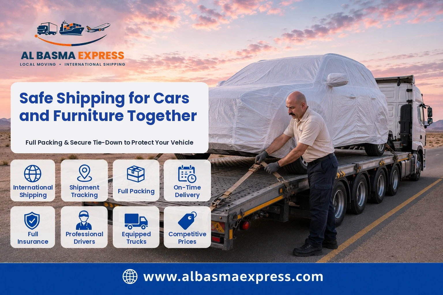 Car being secured on a transporter for shipping from the UAE to Jordan