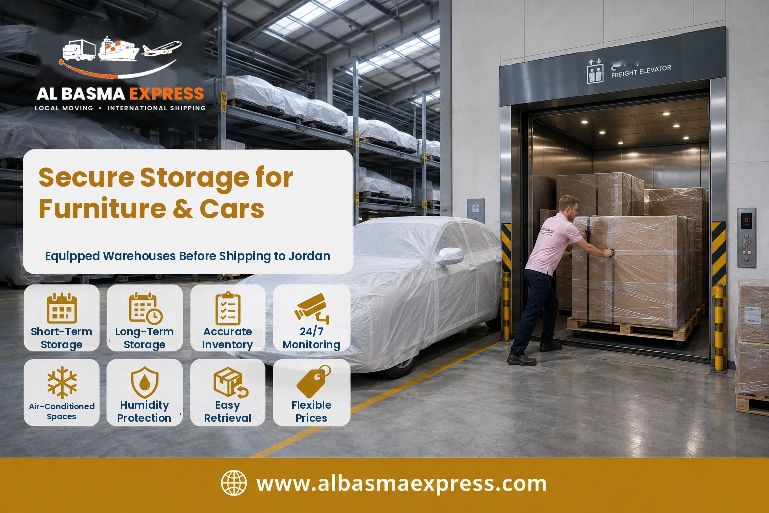 Freight elevator and car storage in a warehouse before shipping to Jordan