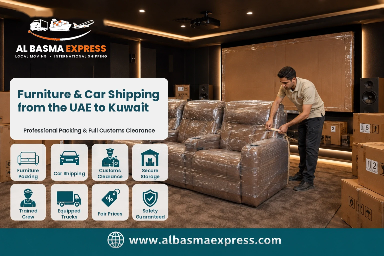 Home cinema seating being wrapped for furniture shipping from the UAE to Kuwait