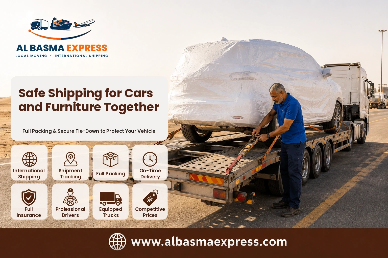Covered SUV being strapped onto a car carrier for shipping from the UAE to Kuwait
