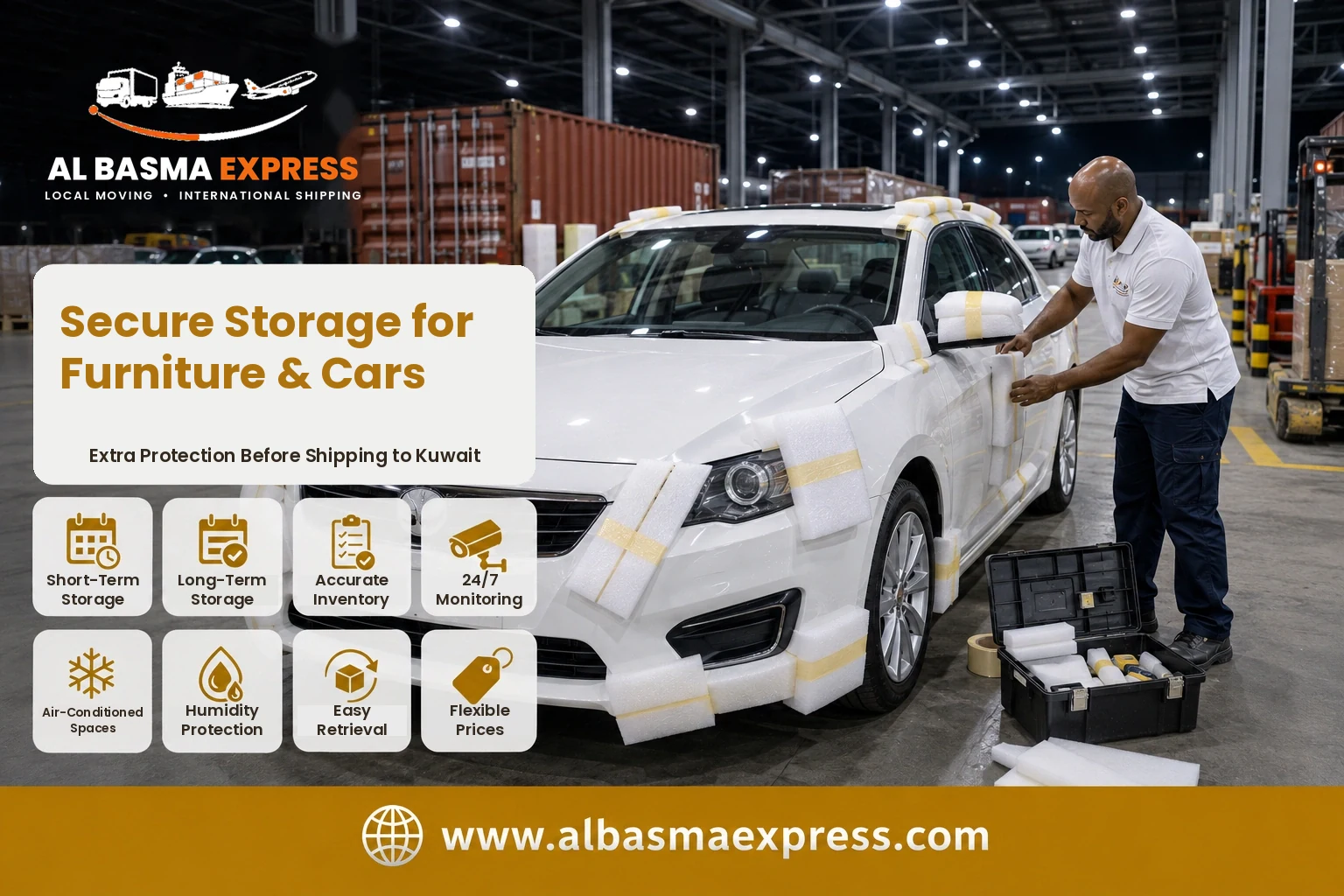 Car being protected with foam in storage before shipping from the UAE to Kuwait