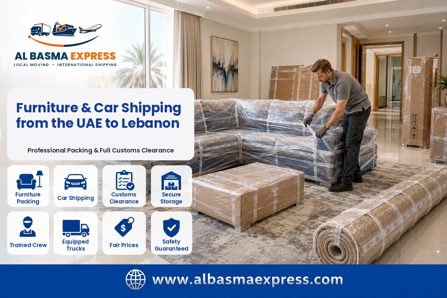 Sofa set and rug being wrapped for furniture shipping from the UAE to Lebanon
