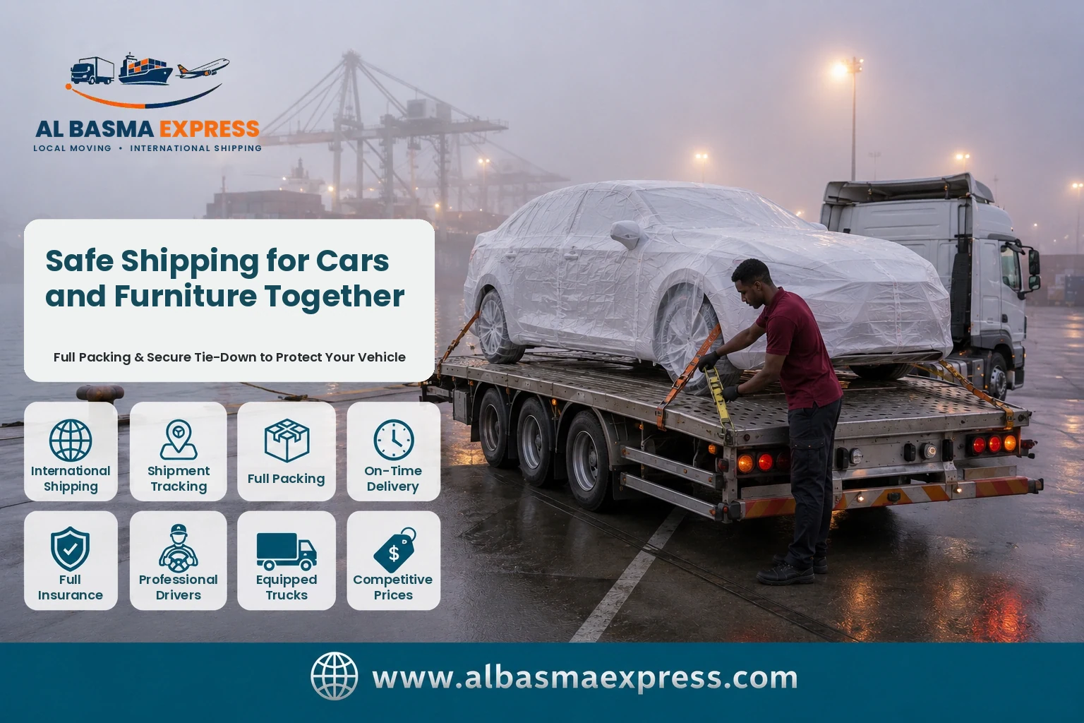 Covered car being strapped onto a transporter at the port for shipping to Lebanon