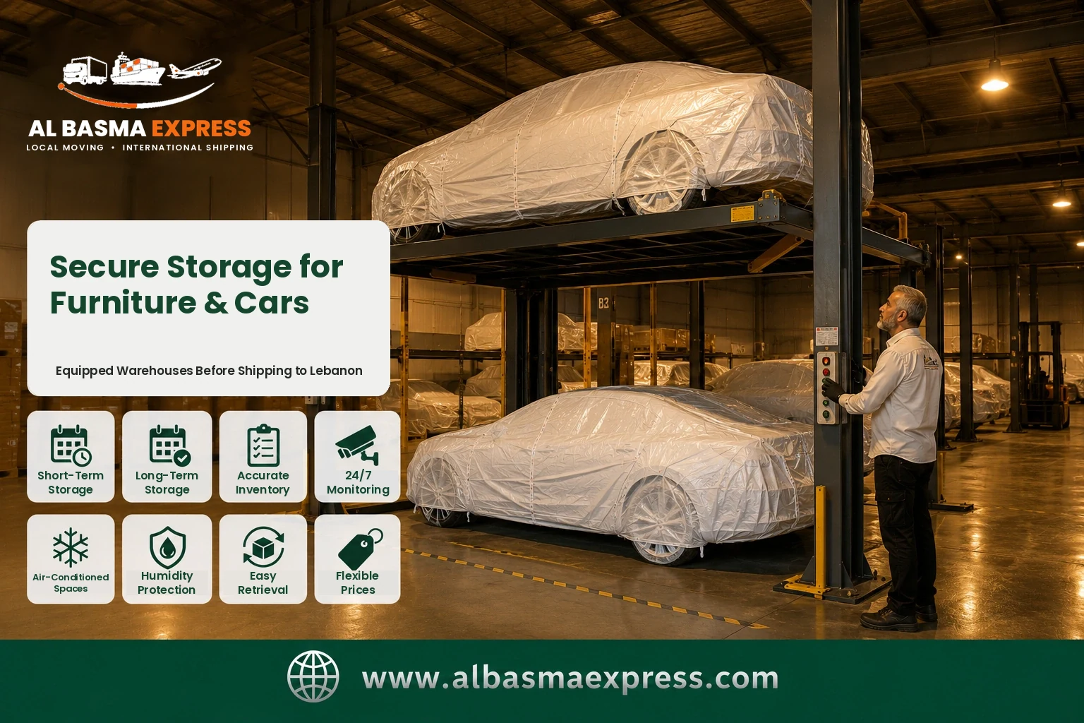 Covered cars on a lift in secure storage before shipping from the UAE to Lebanon