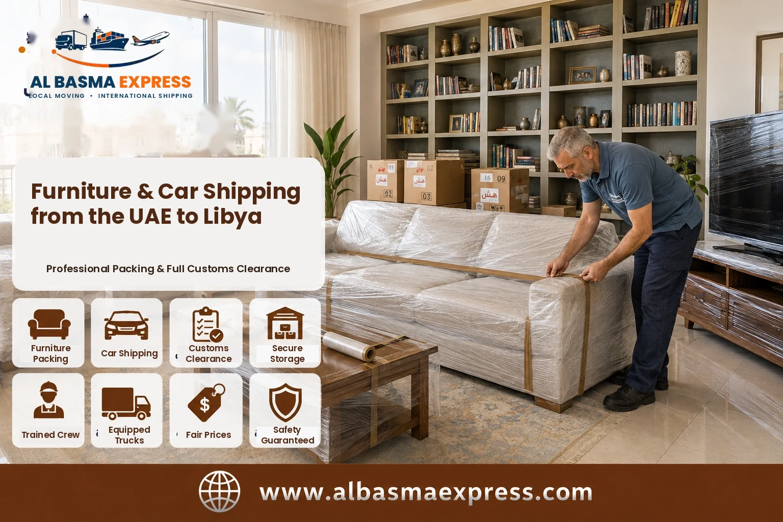 Sofa being wrapped for furniture shipping from the UAE to Libya