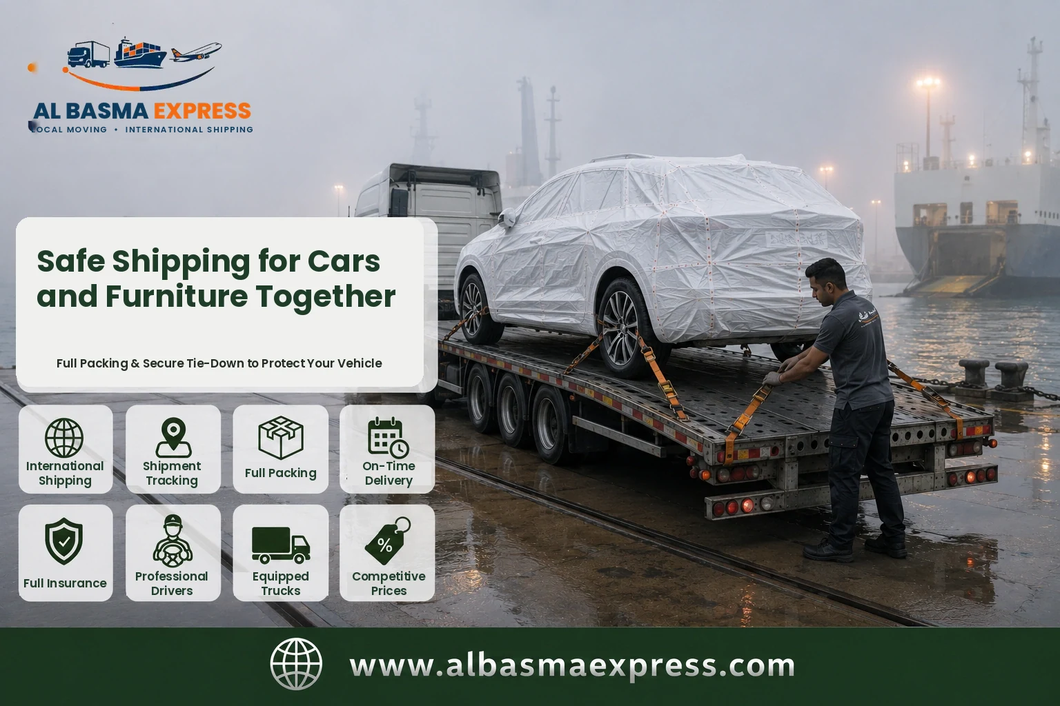 Covered car strapped onto a transporter at a foggy port for shipping from the UAE to Libya