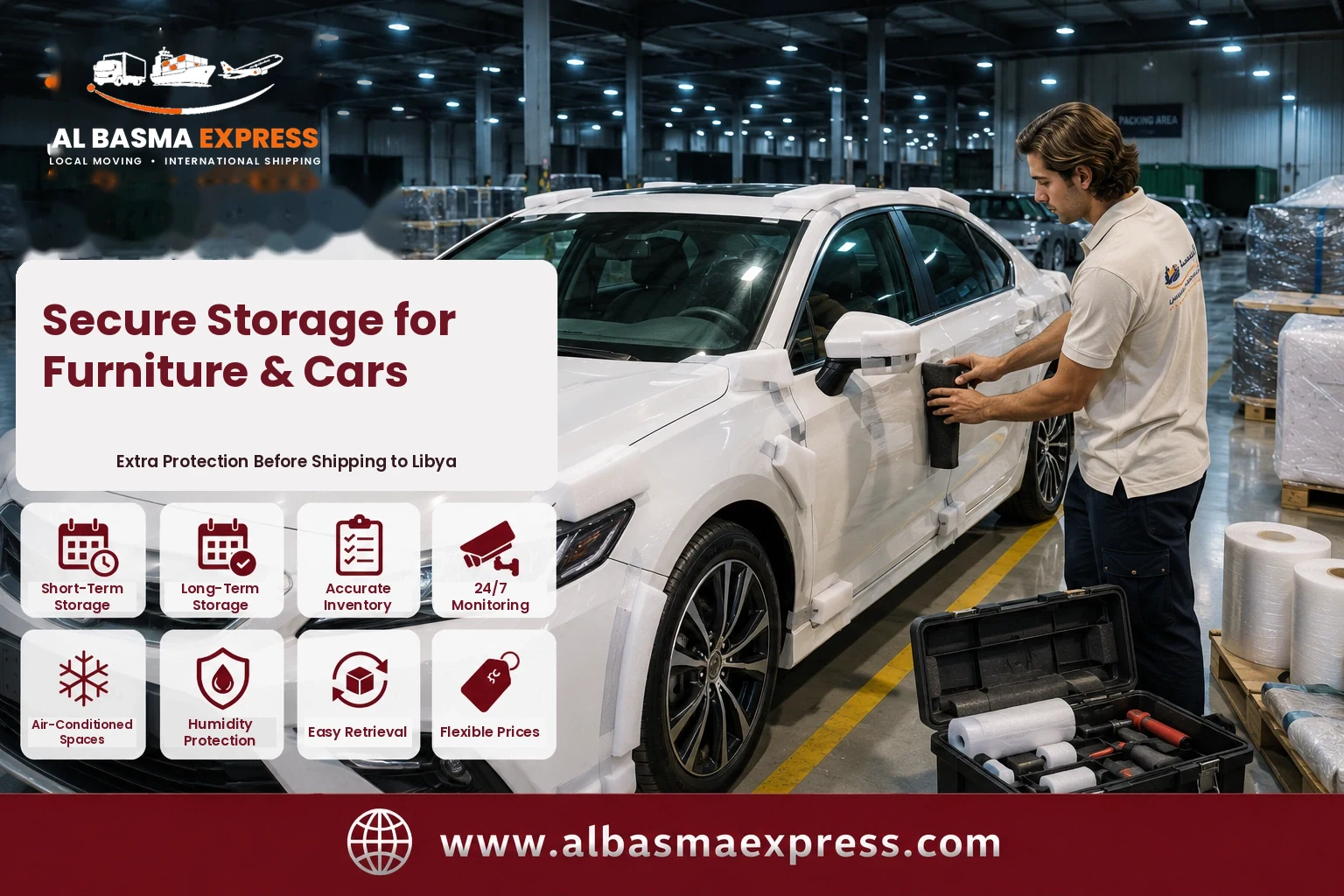 Car being protected in storage before shipping from the UAE to Libya