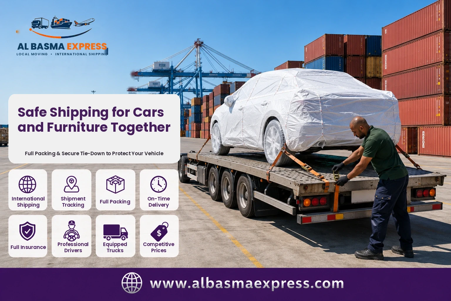 Covered car strapped onto a transporter at the port for shipping from the UAE to Morocco