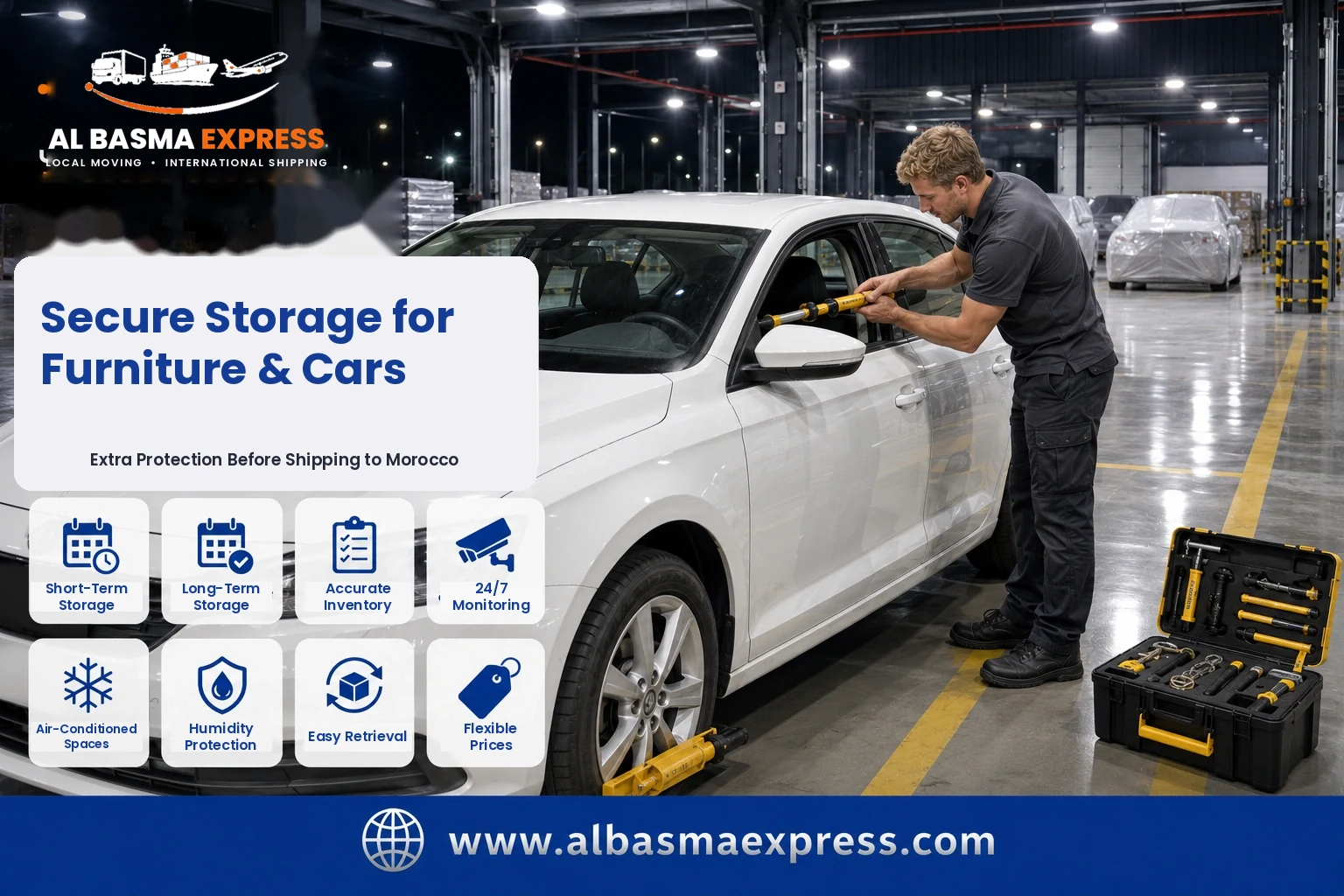 Car being protected in storage before shipping from the UAE to Morocco