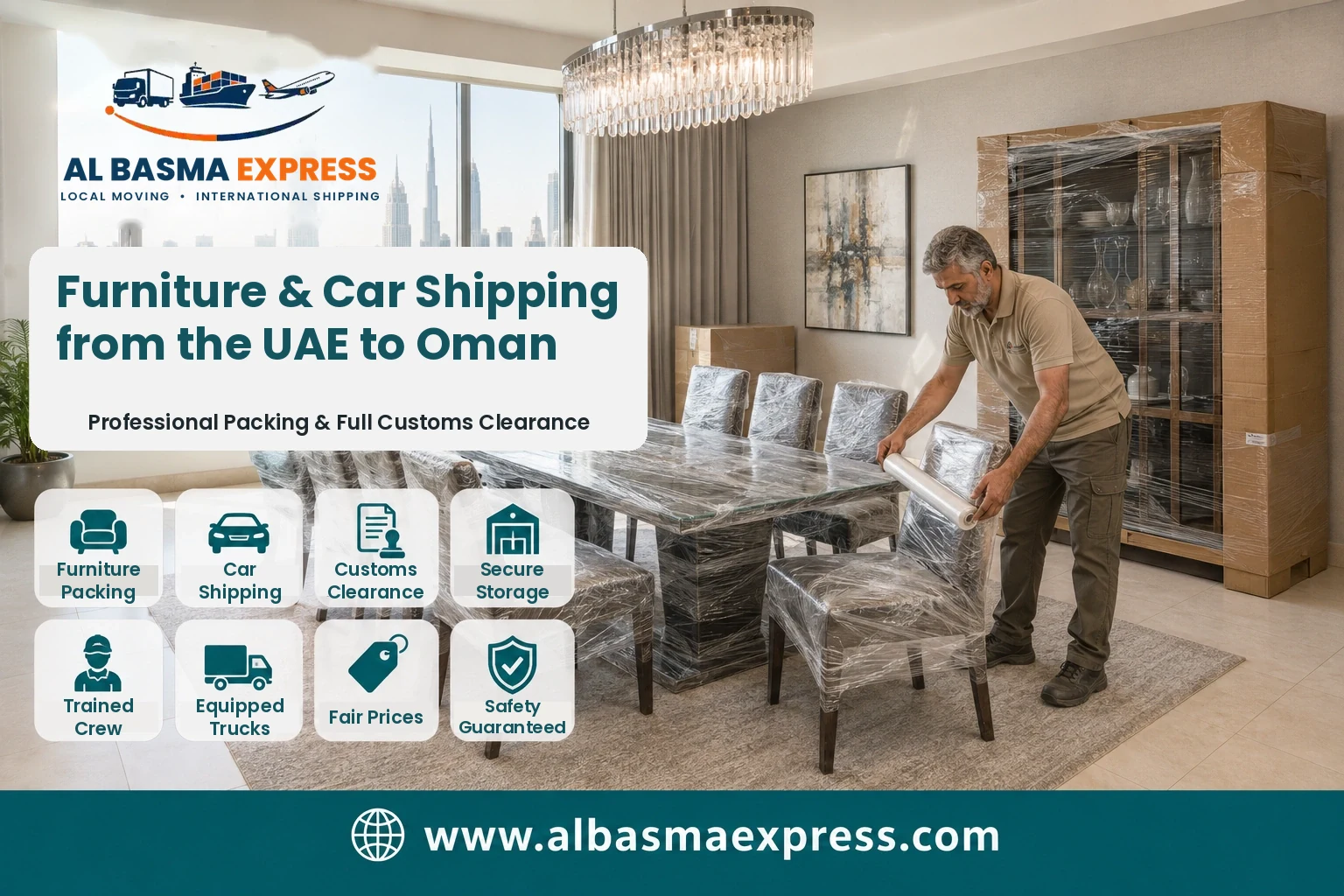 Dining furniture being wrapped for shipping from the UAE to Oman