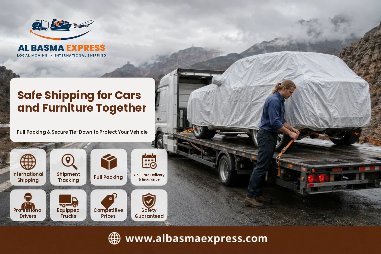Covered car strapped onto a transporter on the mountain road to Oman