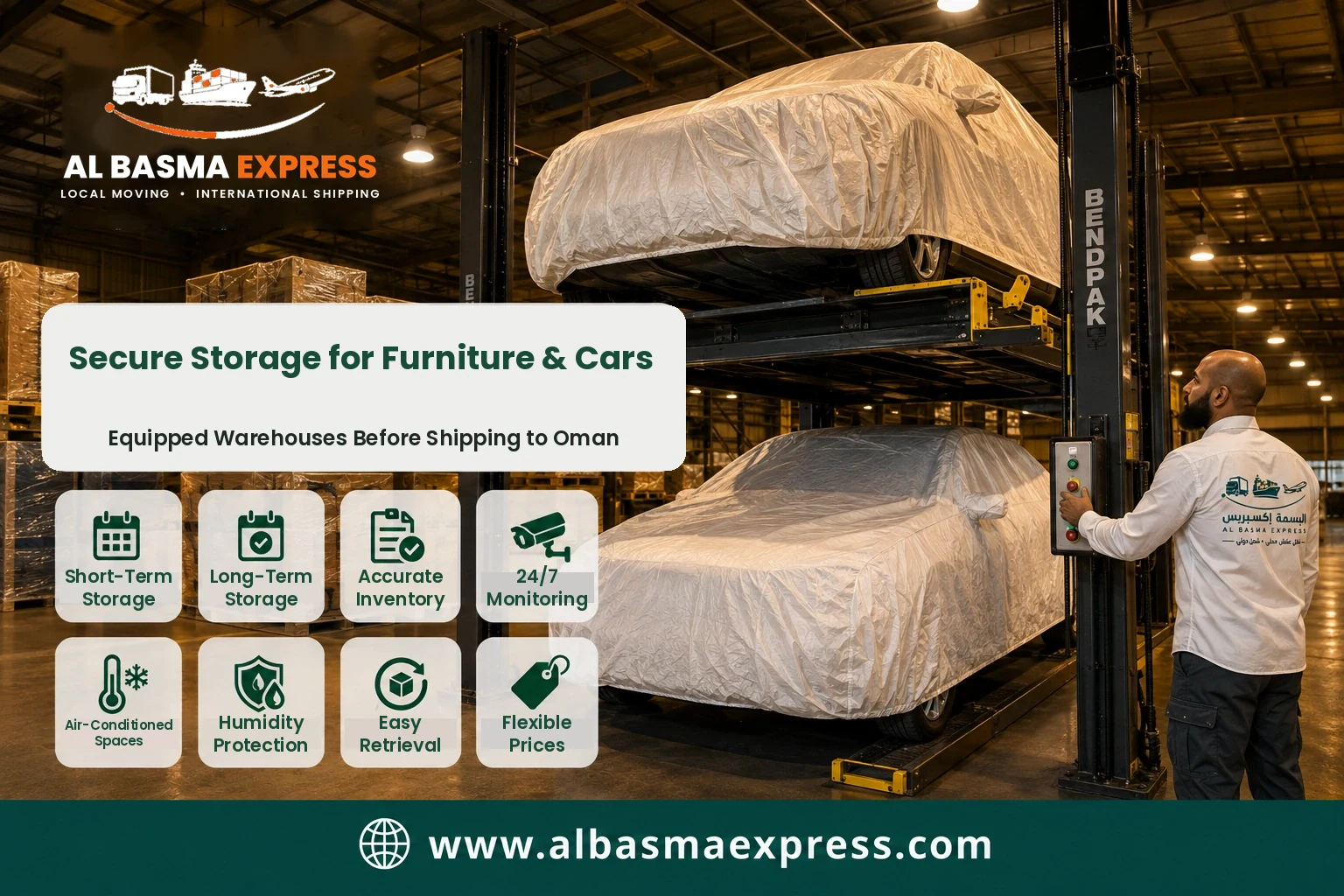 Covered cars on a lift in secure storage before shipping from the UAE to Oman