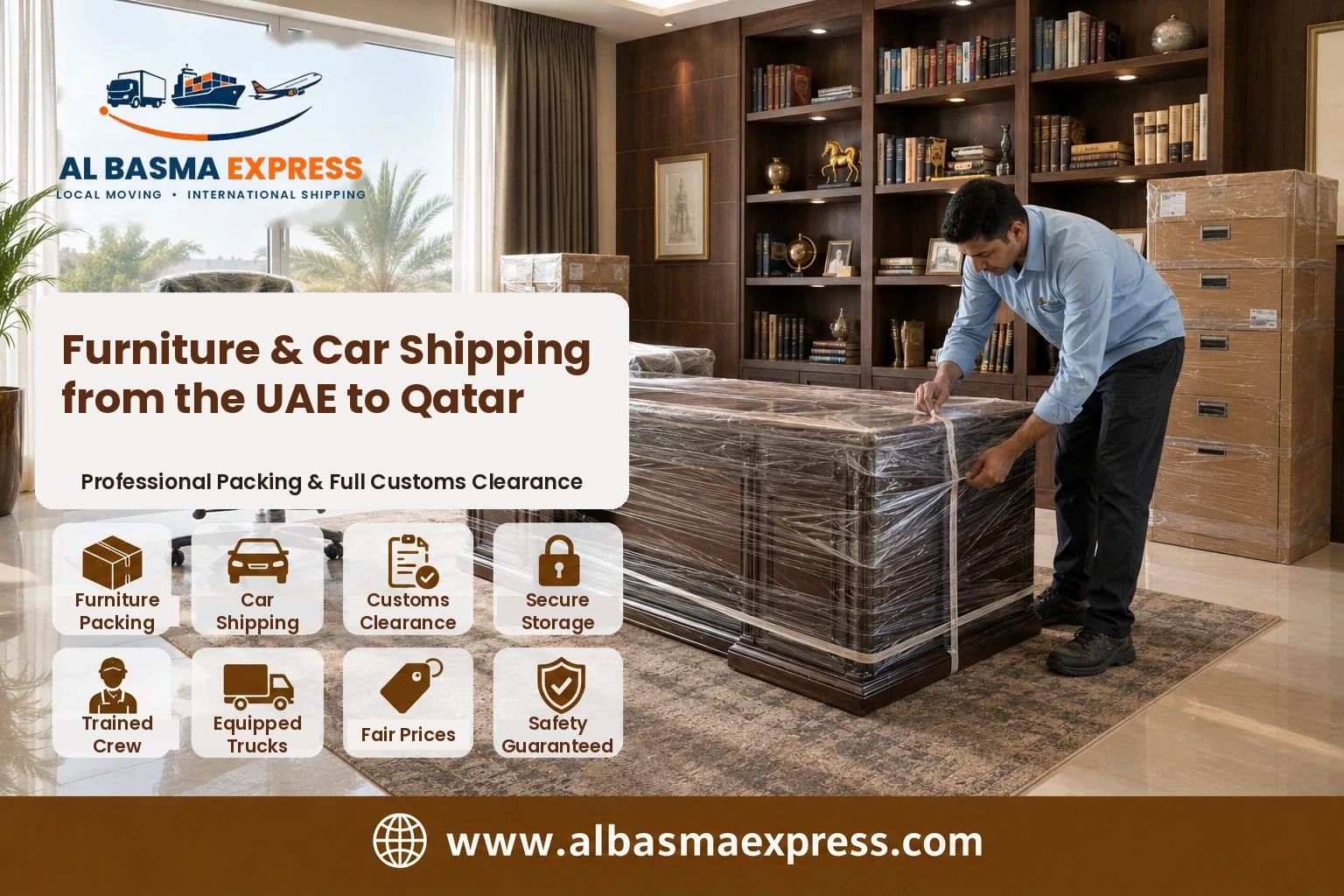 Office desk being wrapped for furniture shipping from the UAE to Qatar
