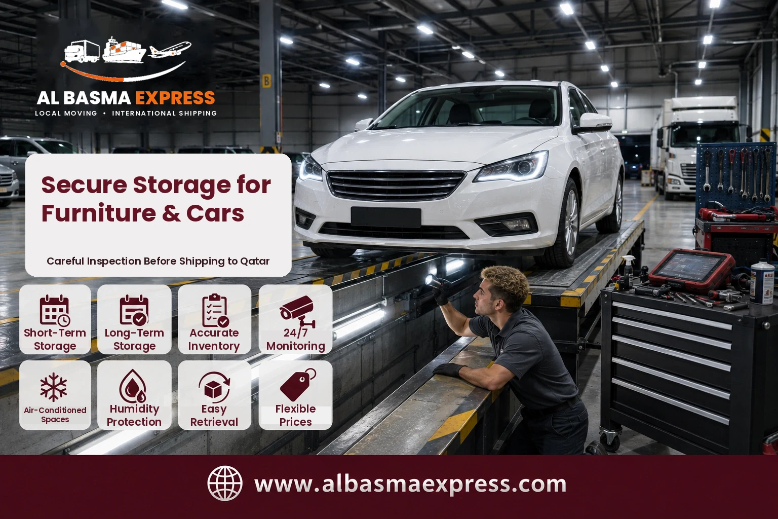 Car on an inspection lift in storage before shipping from the UAE to Qatar