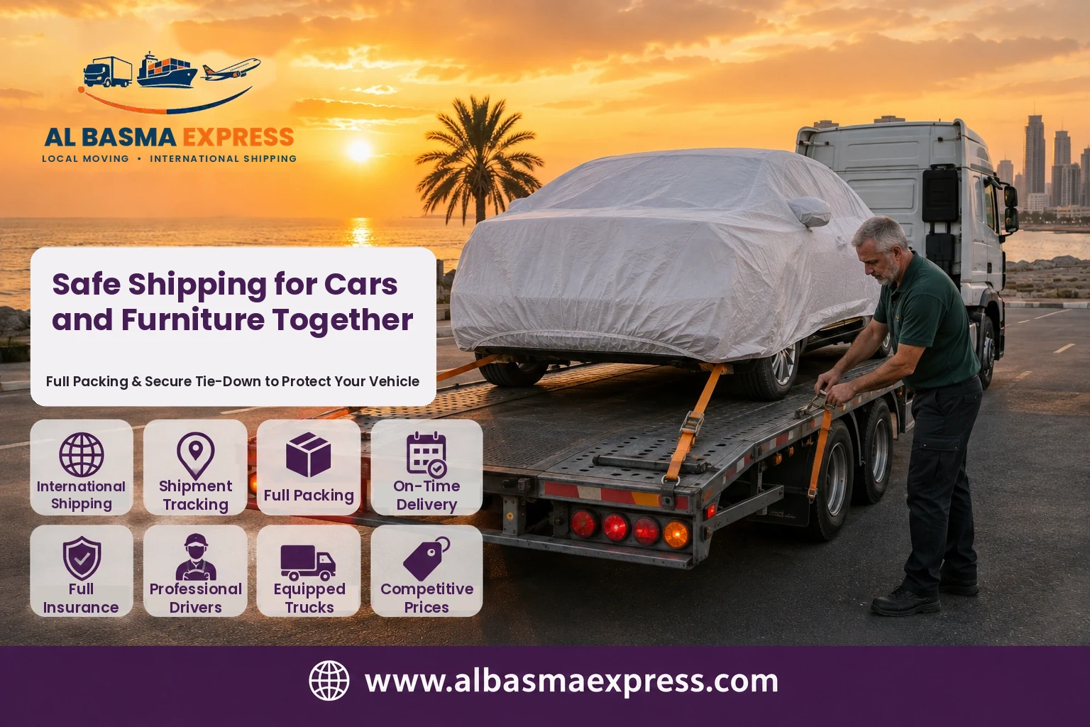 Covered car strapped onto a transporter for shipping from the UAE to Qatar