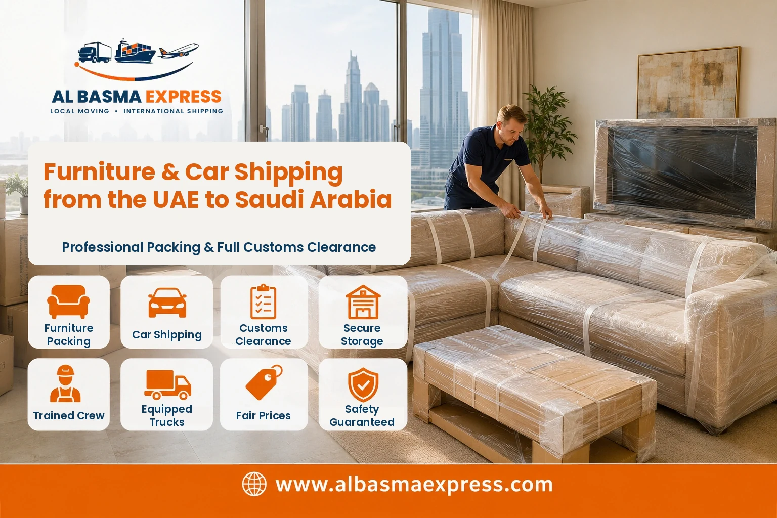 Sofa set being wrapped for furniture shipping from the UAE to Saudi Arabia
